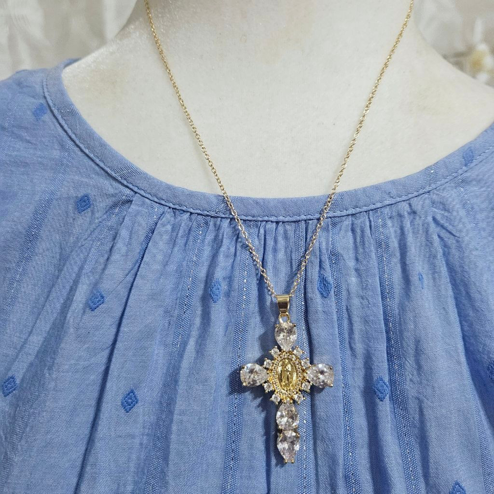18K Gold Plated Virgin Of Guadalupe Cross Pendant Necklace